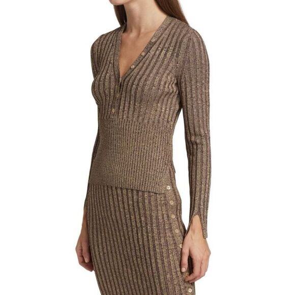 Jonathan Simkhai Women's Compact Rib Henley Sweater Dune Chocolate Medium NWOT - Picture 3 of 12